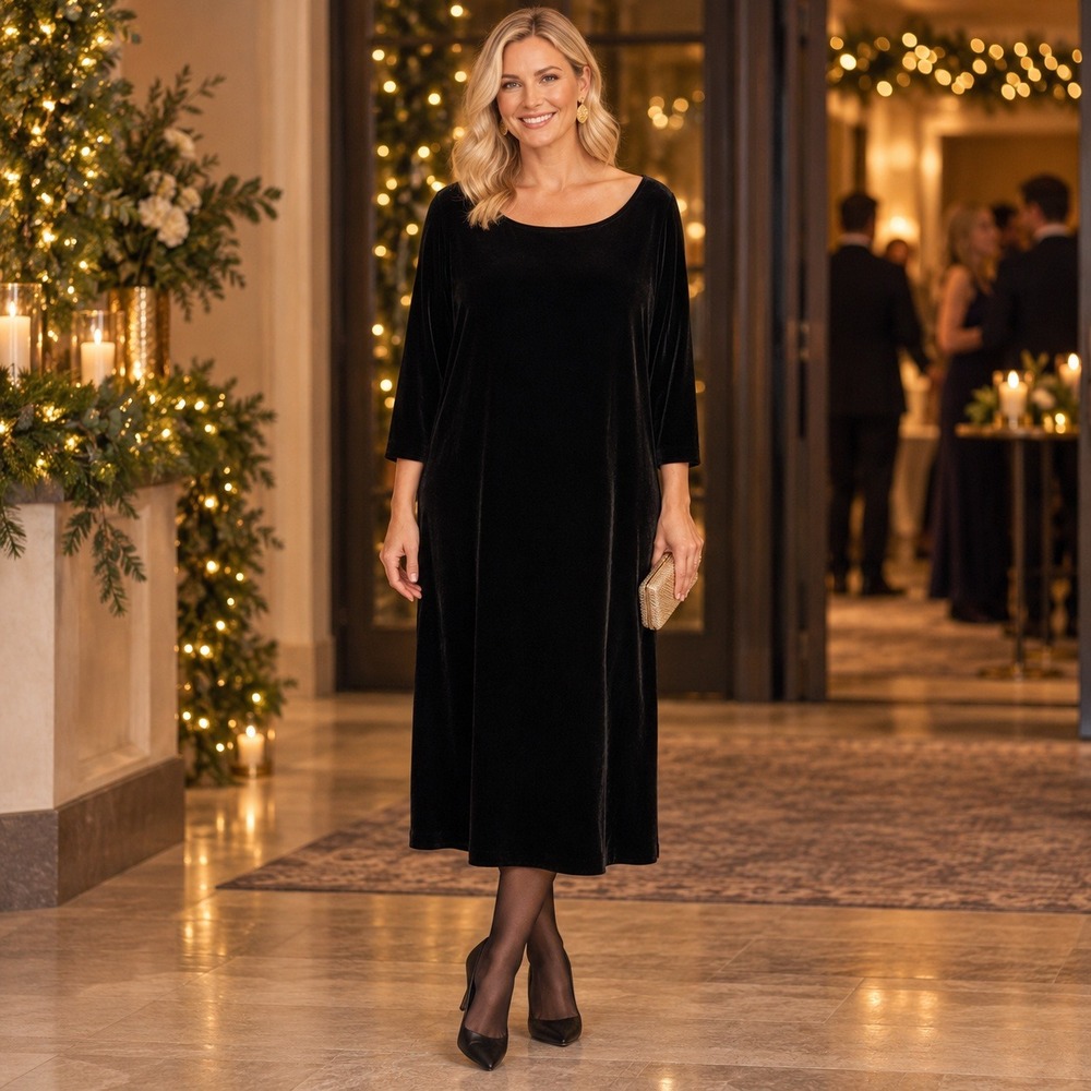 Eileen Fisher Silk Blend Velvet Midi Shift Dress L Black 3/4 Sleeve Quiet Luxury